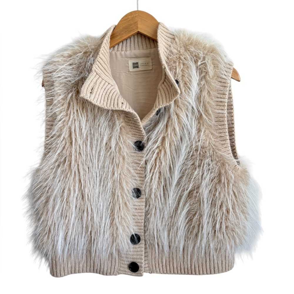 Look By M New York Faux Fur Knit Vest  Button Front One Size